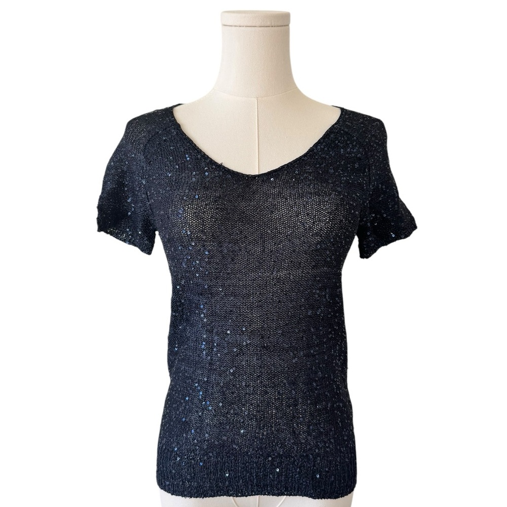 Philosophy Navy Blue Sequin Knit V Neck T Shirt XS